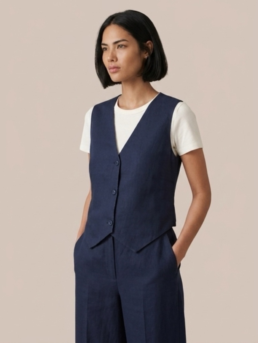 Quince linen Navy Sleeveless Button Vest - Picture 3 of 6
